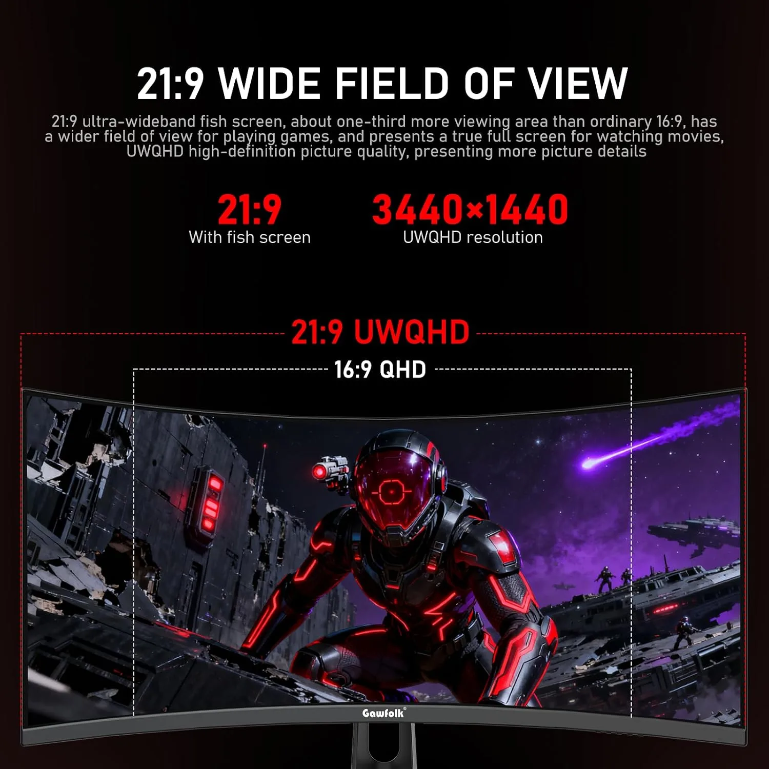 Gawfolk 34 Inch Curved Gaming Monitor 240Hz PC Screen Built-in Speakers