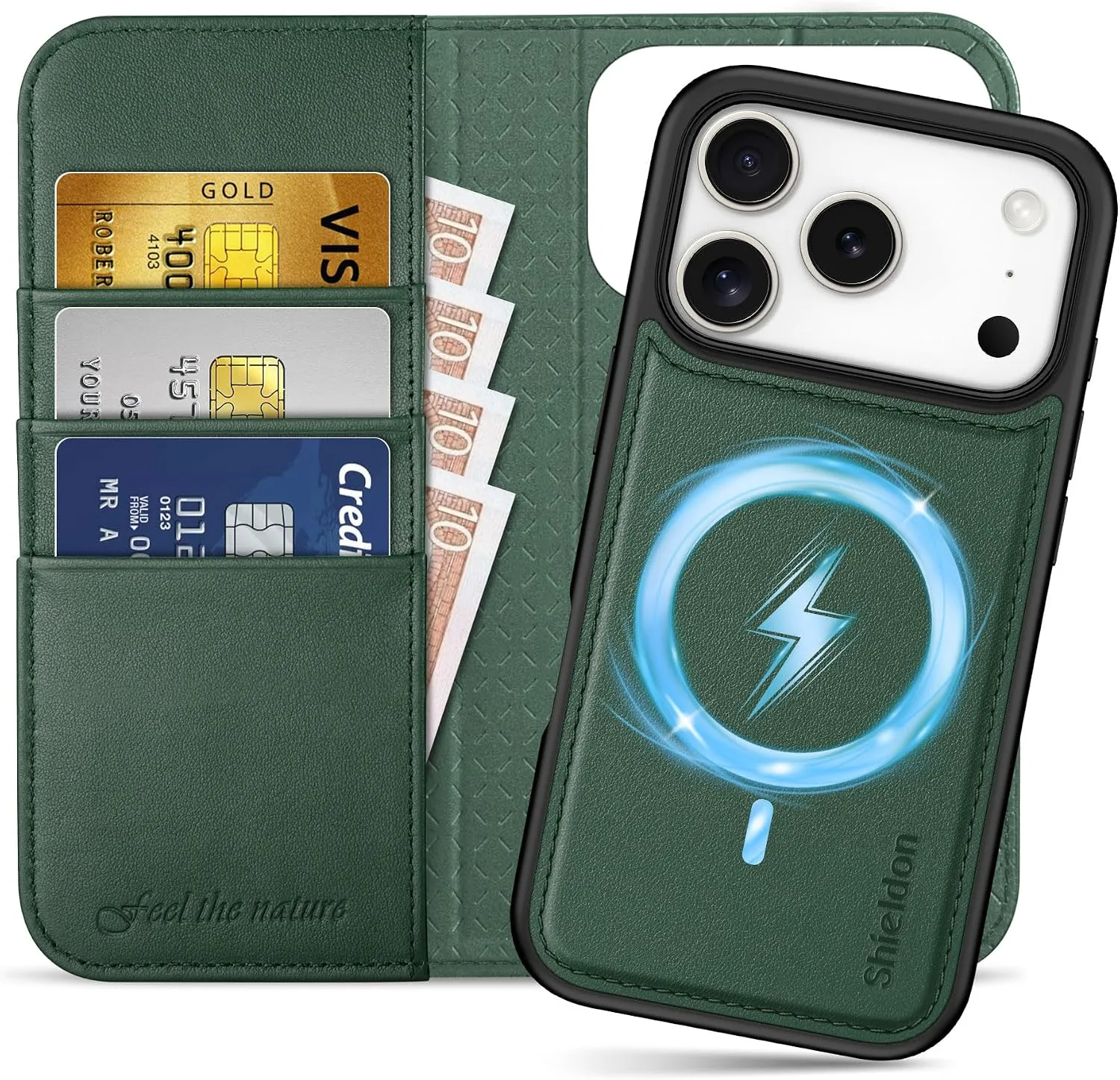 SHIELDON Detachbale Leather Wallet Case for iPhone 18 Pro/17 Pro, Evergreen