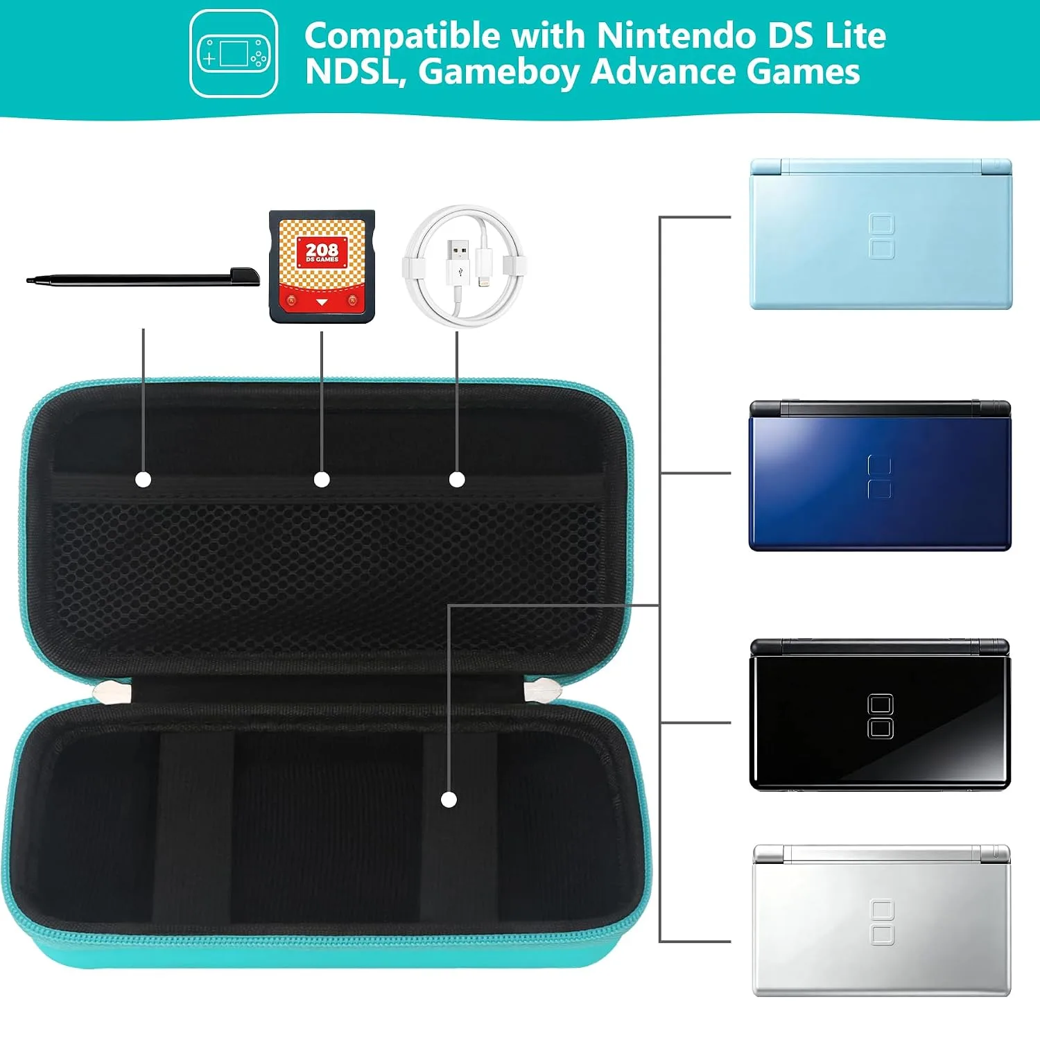 Supmay Hard Carrying Case Compatible with Nintendo DS Lite NDSL, Gameboy Advance Games Storage Holder Travel Bag with Mesh Pocket for USB Charging Cable, Stylus, Earphones, Game Cartridge, Green