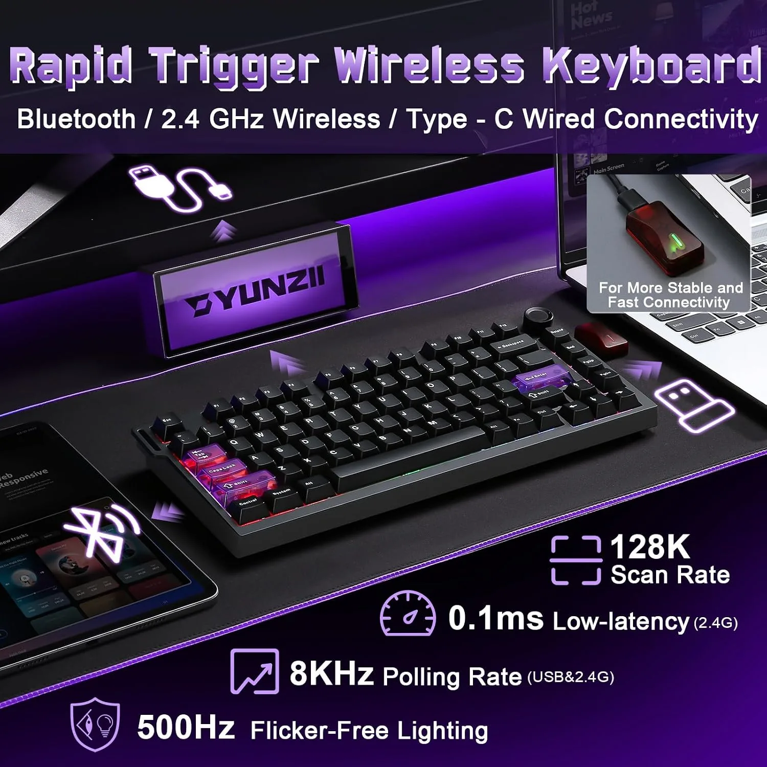YUNZII RT75 PRO Dual 8K Wireless Gaming Keyboard (Black,Red Switch)