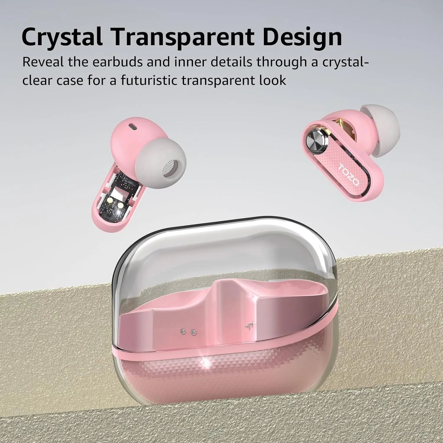 TOZO Crystal Pods Hybrid Active Noise Cancelling Wireless Earbuds, Pink
