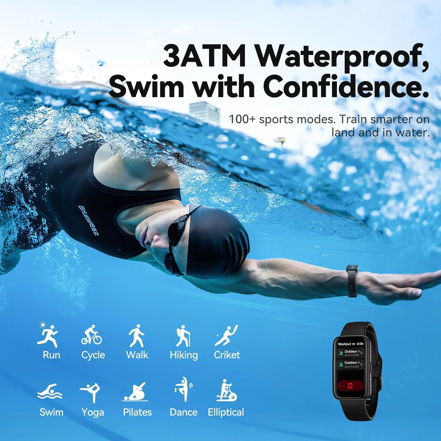 Fitness Tracker Smart Watch, 1.47" Color Screen, 100+ Sports, Black