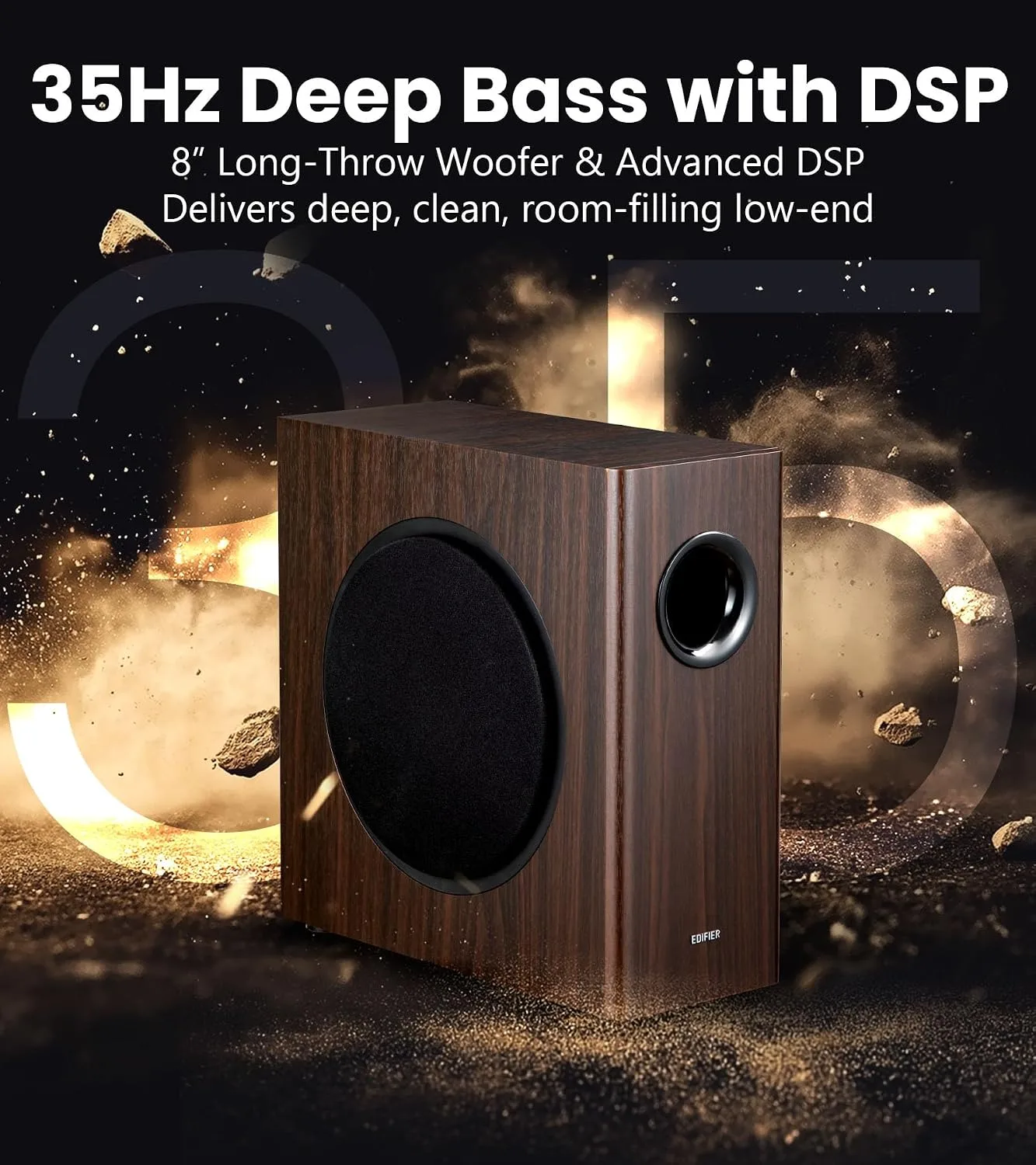 Edifier T5s Powered Subwoofer, 70W RMS, 8" Woofer, 35Hz Deep Bass, Brown