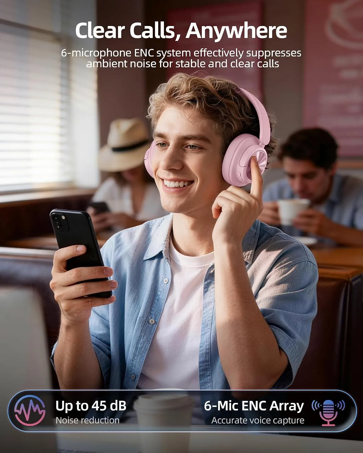 Hybrid Active Noise Cancelling Headphones 120H Playtime Wireless Headphones Bluetooth 6.0 Over Ear Headphones 6 ENC HD Call Mic, Hi-Res 360° Spatial Audio ANC Headphone for Travel Workout Dusty Pink
