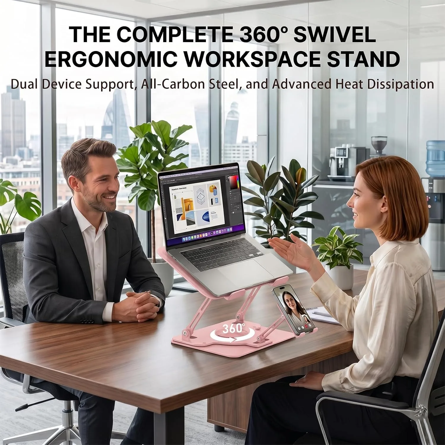 Adjustable 360°Rotating Laptop Stand, 2-in-1 Ergonomic Carbon Steel Laptop Riser with Detachable Phone Holder, Hollow Cooling Notebook Stand Fits 12.9-18 Inch Laptops (Pink)