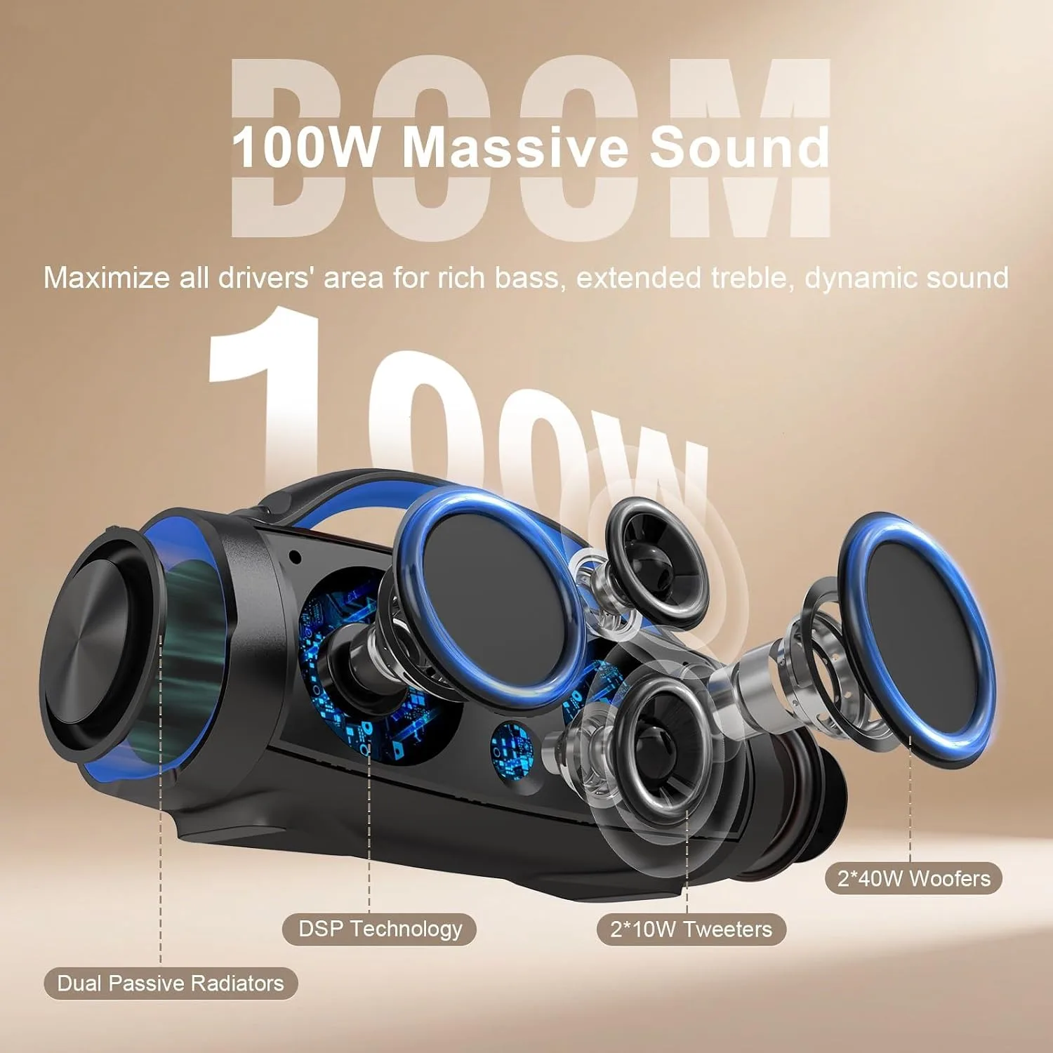 DOSS Extreme Boom Pro 100W Loud Outdoor Speaker, IPX6 Waterproof for Beach