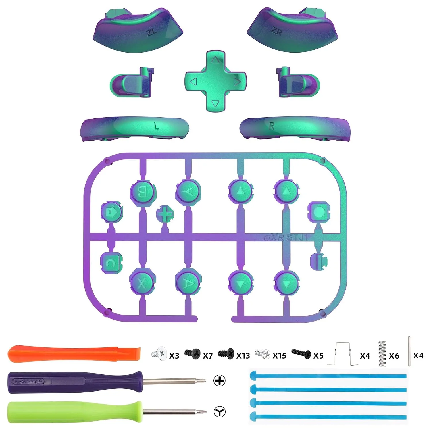 eXtremeRate DIY Replacement Full Set Buttons for Joycon 2, Custom ABXY Direction Keys Dpad + - C Home Capture Release L R ZR ZL Trigger Buttons for Nintendo Switch 2 Controller- Chameleon Green Purple