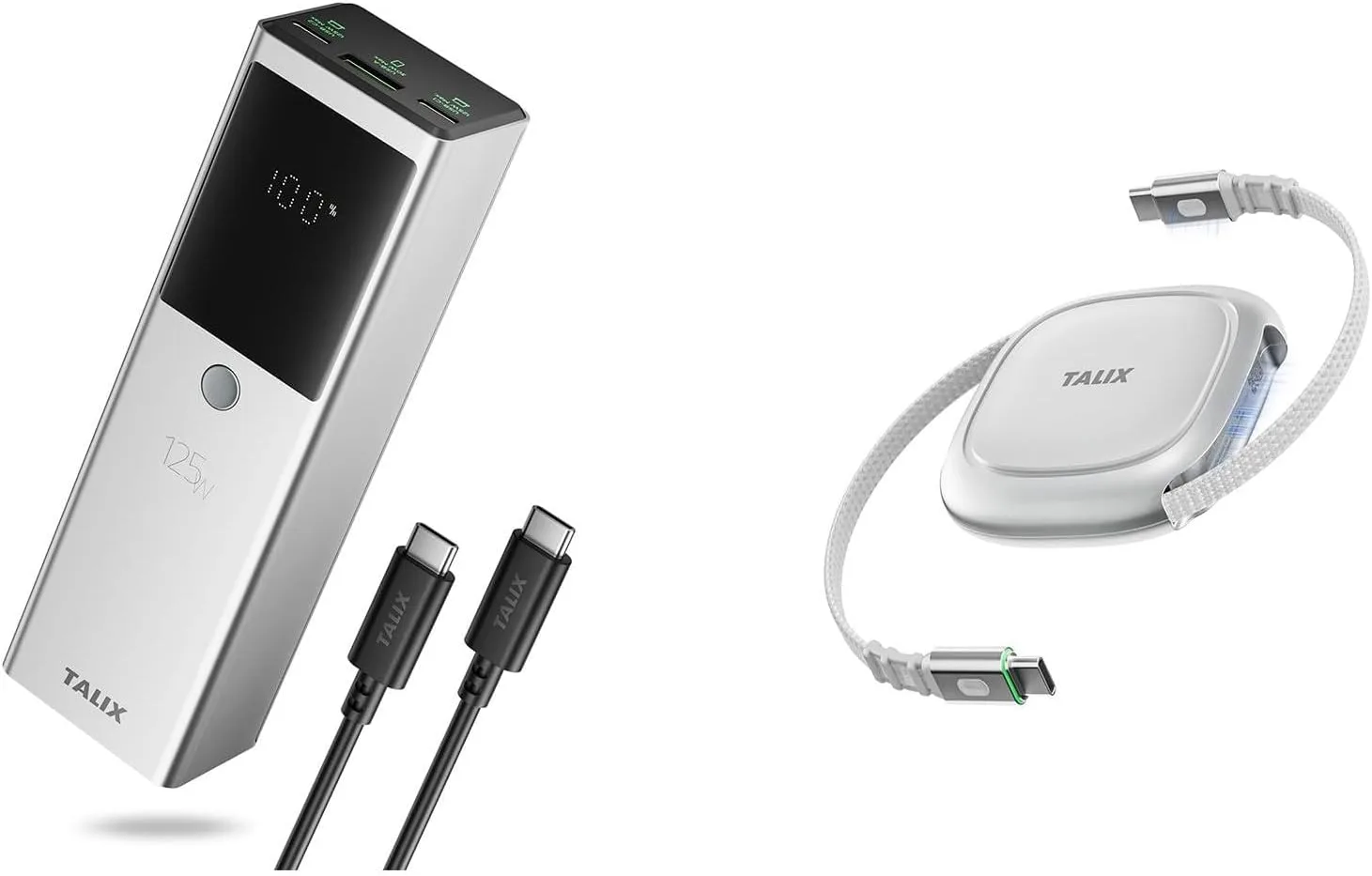Fast Charging Power Bank Bundle, 125W 12800mAh Laptop Battery Pack with 240W USB-C Retractable Cable, 3-Port PD Charger for MacBook iPhone 17 Samsung Lenovo Travel