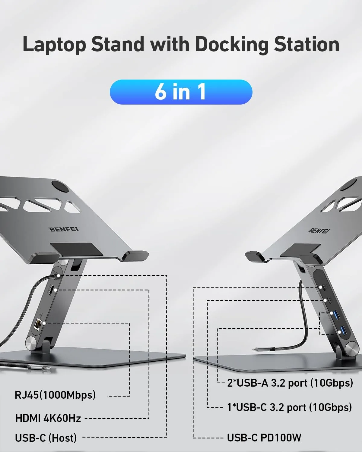 BENFEI Laptop Stand with USB C 6in1 Docking Station, HDMI 4K@60Hz,Gigabit Ethernet, 100W Power Delivery, 10Gbps 1*USB C 3.2 and 2*USB A 3.2 Compatible with MacBook Pro/Air, iPad Pro, XPS, Thinkpad