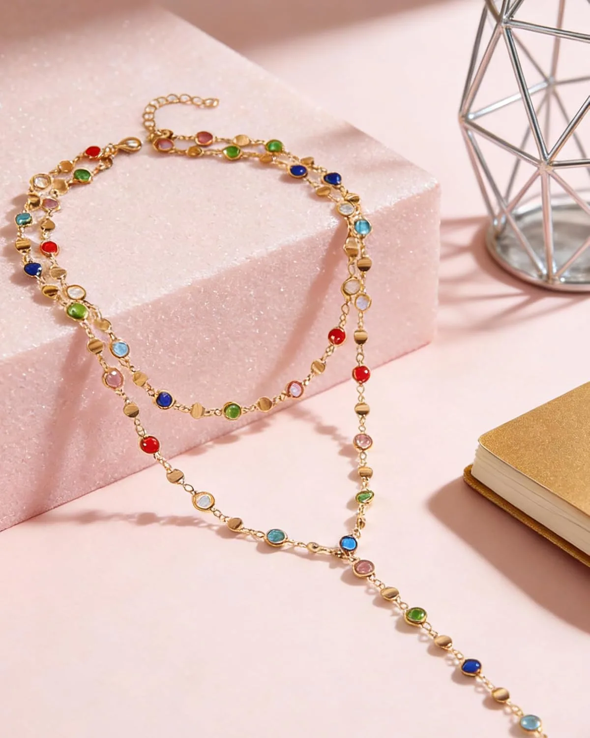 Colorful Y Shaped Necklace for Women Trendy Long Multi Color Crystal Lariat Necklace Sparkly Gemstone Chest Chain Summer Deep V-Neck Dress Outfits Jewelry Accessories