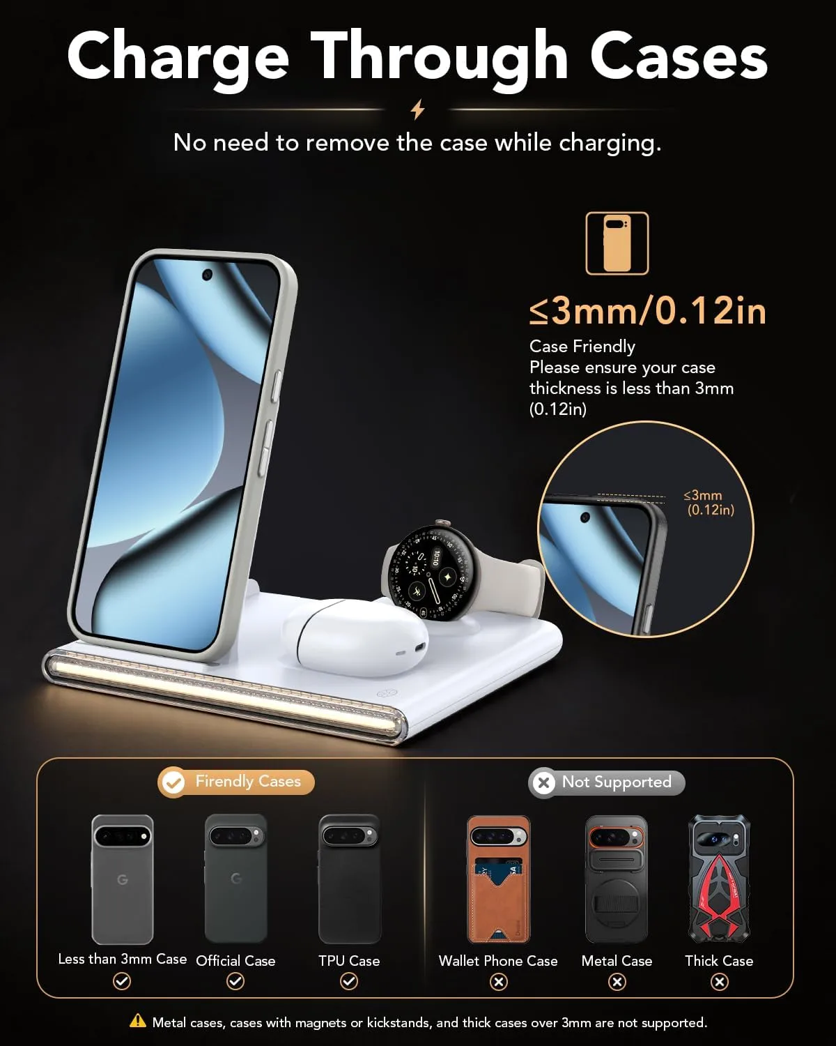 3 in 1 Foldable Wireless Fast Charging Station for Google Pixel Watch 5/4