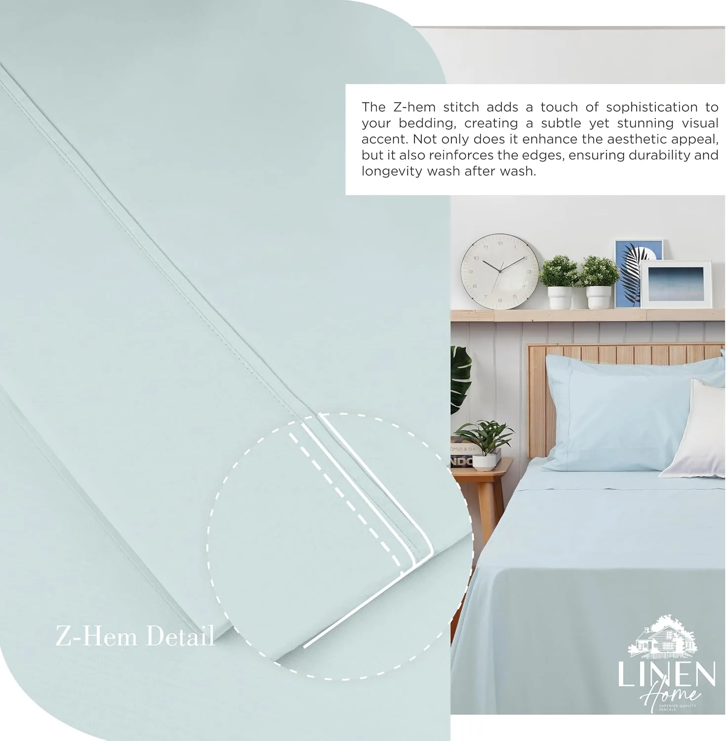 Linen Home 100% Cotton Percale King Sheets 4Pc Cooling Set - Blue Duck Egg