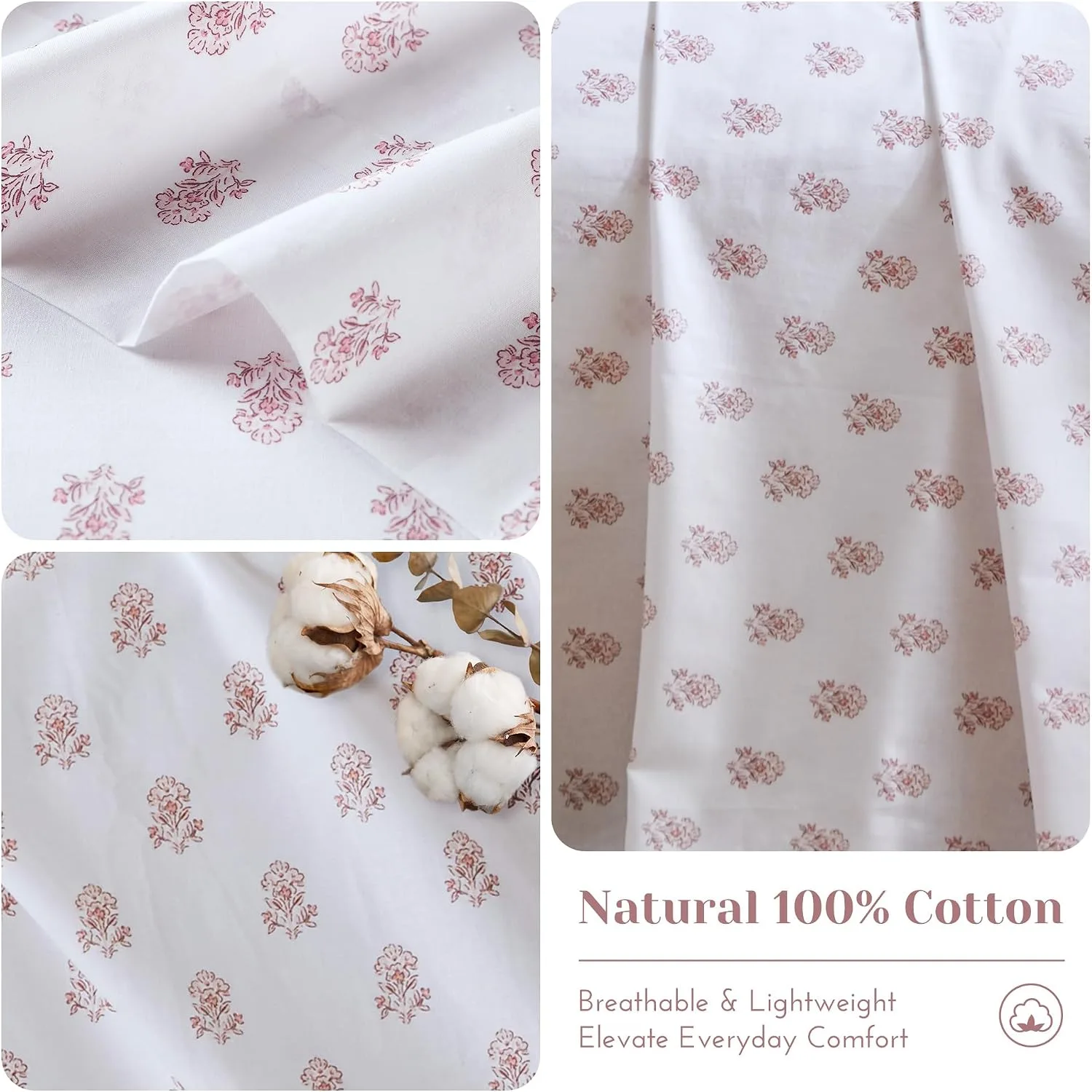 Comfort Spaces 100% Cotton Percale Sheets Queen Size 4 Piece, Floral Pink