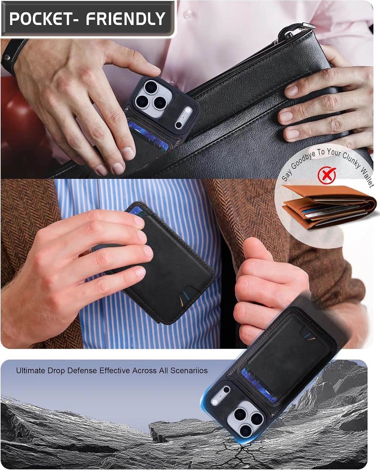 Magnetic Detachable Wallet Case for iPhone 18/17 Pro with Kickstand,2-in-1 MagSafe Compatible RFID Blocking Card Holder,Slim PU Leather Cover Black