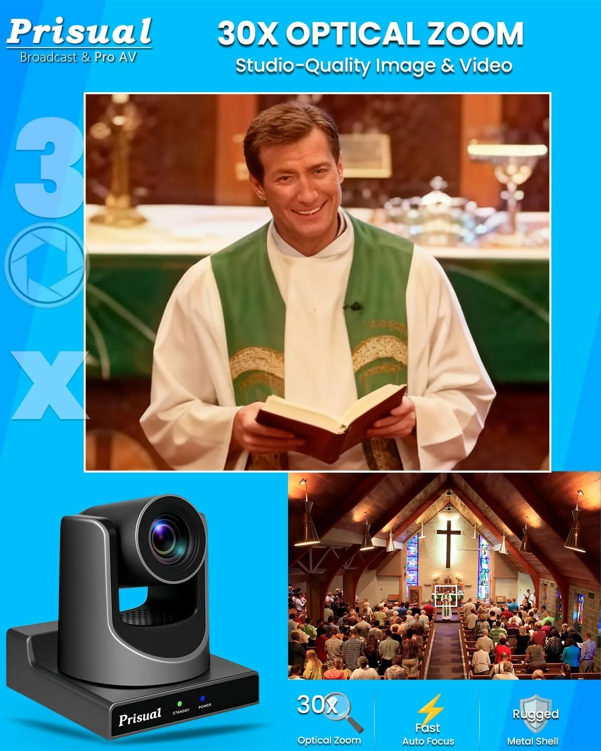 Prisual PTZ Camera System Gen 5, 30X Optical Zoom, Advanced AI Auto Tracking, PoE HDMI SDI Bundle PTZ for Church Worship,NDI PTZ Controller, (PTZ Bundle TEM-30S PROx2+PRO AI Joy)