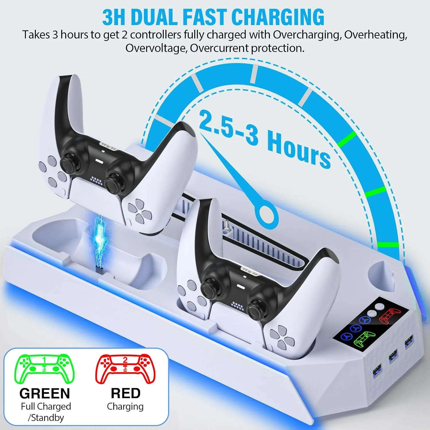 Slim Cooling Station Stand LED with Dual Controller Charging Station for PlayStation 5 Console, PS 5 Accessories Incl. Controller Charger, Cooling Fan, Headset Holder, 3 USB Hub- LED White