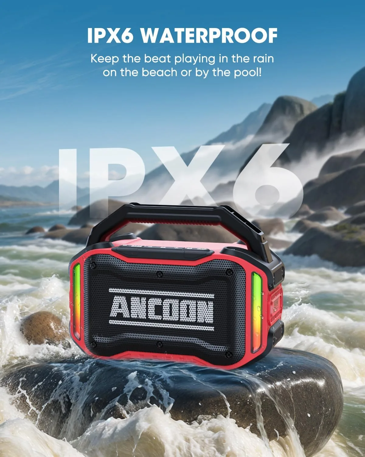 ANCOON Speakers Bluetooth Wireless: 80W(Peak) Loud Speaker with Bass, 20H Playtime, IPX6 Waterproof, Large Jobsite Speakers for Work, Outdoor, Workshop, Garage, Portable Speaker with TWS (Red)