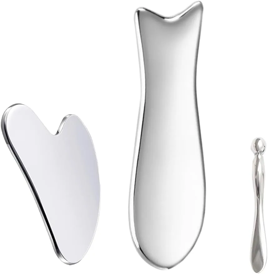 Stainless Steel Gua Sha Facial Tools 3 in 1 with Pouch,Facial Massage Tool Kit for Women’s Skincare Routine, Brighten and Sculpt Your Skin,Reduce Inflammation and Puffiness, Silver