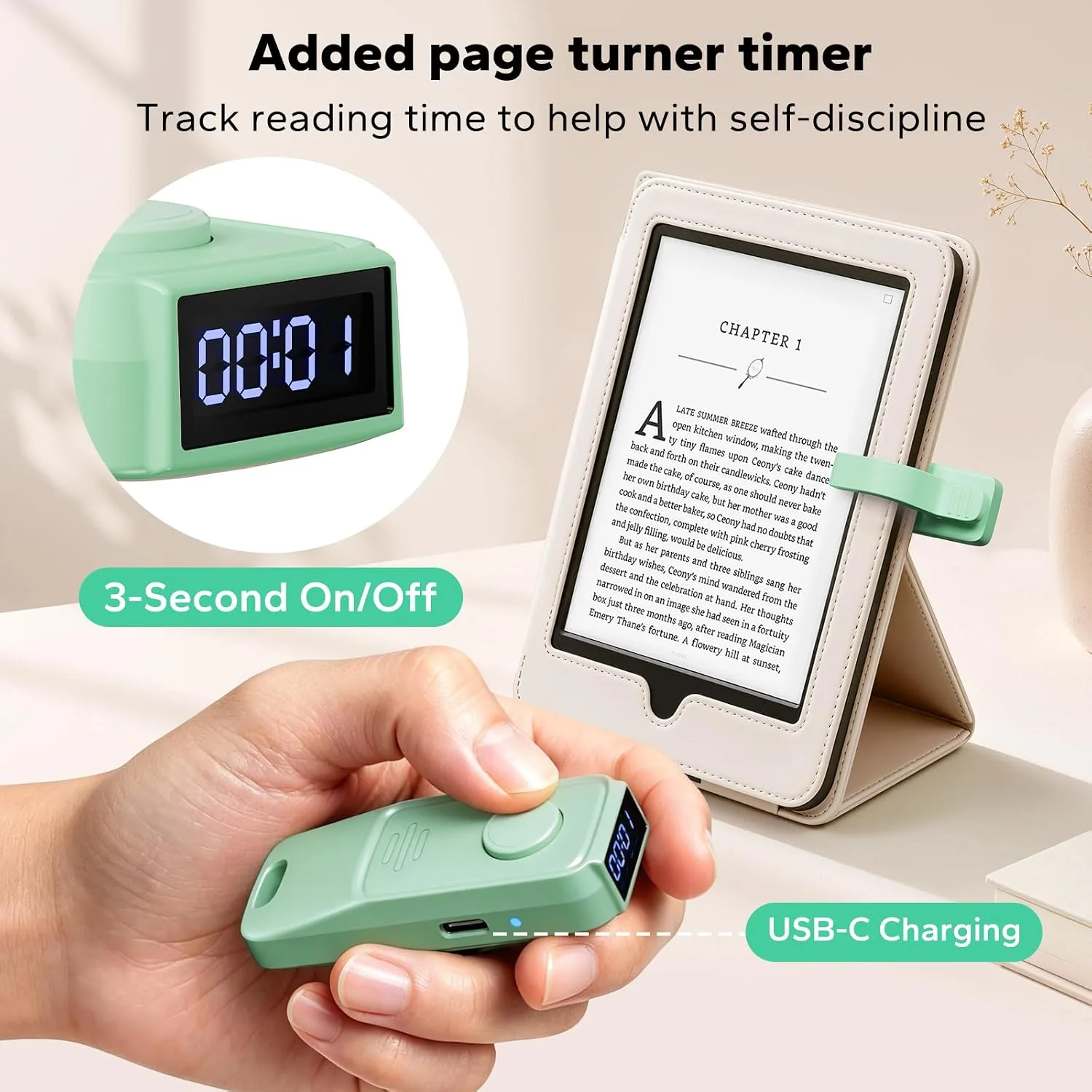 (Fit All Cases) Page Turner for Kindle,Portable Selfie Light,Reading Timer Tracker,Book Light for Kindle,iPad,iOS Android. Clicker for Kindle for Camera Video Recording and Selfie Shutter(K3-Green)