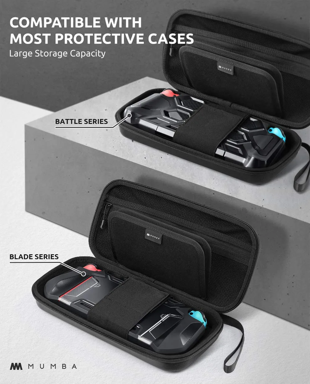 Mumba Carrying Case for Nintendo Switch OLED & Nintendo Switch 1, [Fits Protective Cases][Plus Version] Protective Hard Shell Travel Carry handbag Pouch for Blade/Battle/Rugged Protective Case (Black)