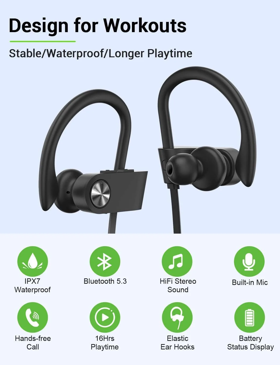 Bluetooth 5.3 Headphones, Wireless Sports In-Ear Earbuds IPX7 Waterproof