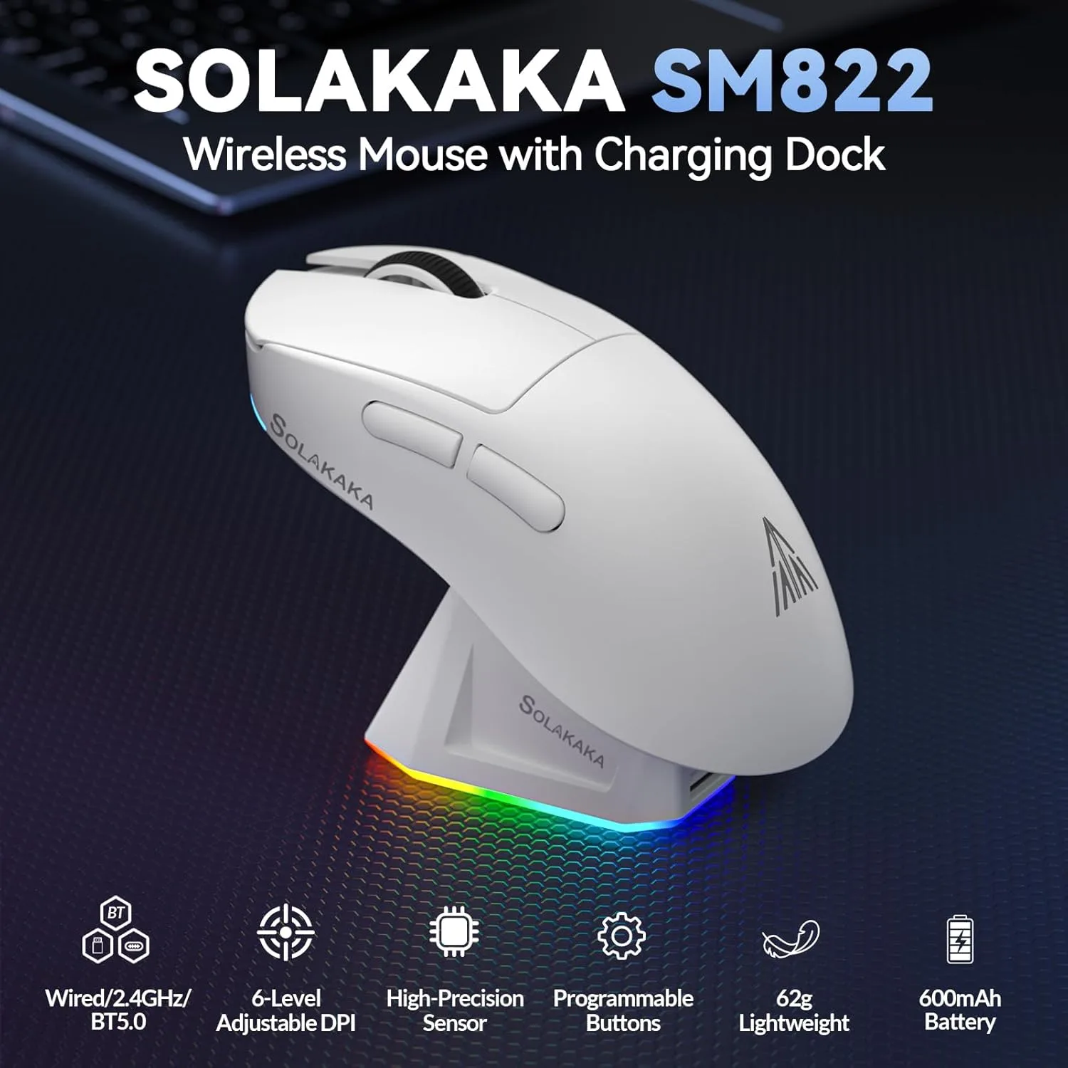 SOLAKAKA SM822 Wireless Gaming Mouse with Charging Dock, Tri-Mode Wireless Mouse, PAW3311 Optical Sensor, Up to 24,000DPI, 62g Lightweight Mouse with 5 programmable Buttons, for PC, Laptop (White)