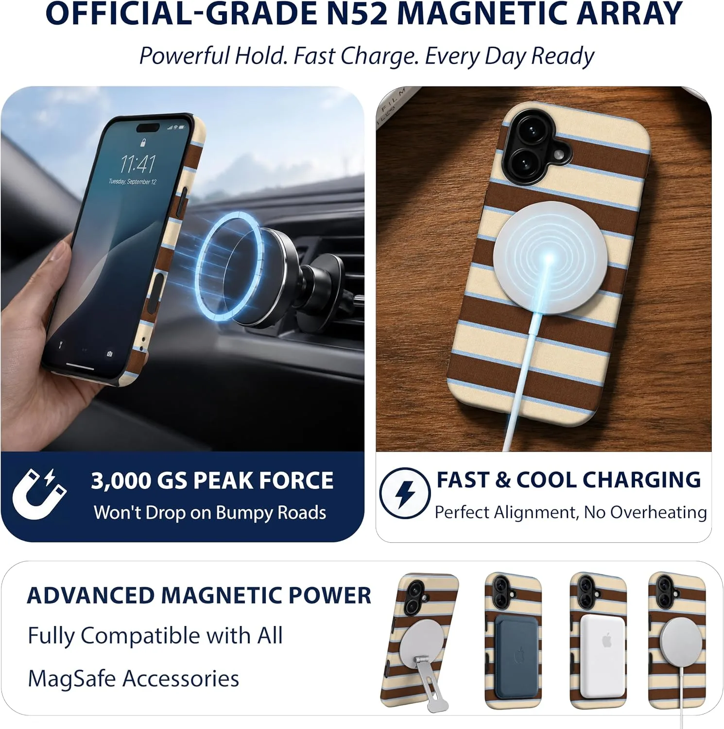Magnetic for iPhone 16 Plus Brown Horizontal Striped Phone Case
