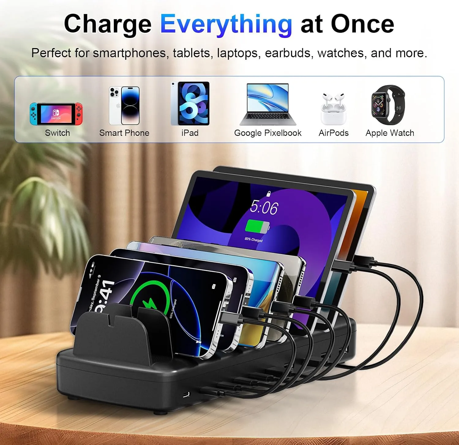 510W Charging Station for Multiple Devices, 10 Ports Charger Organizer