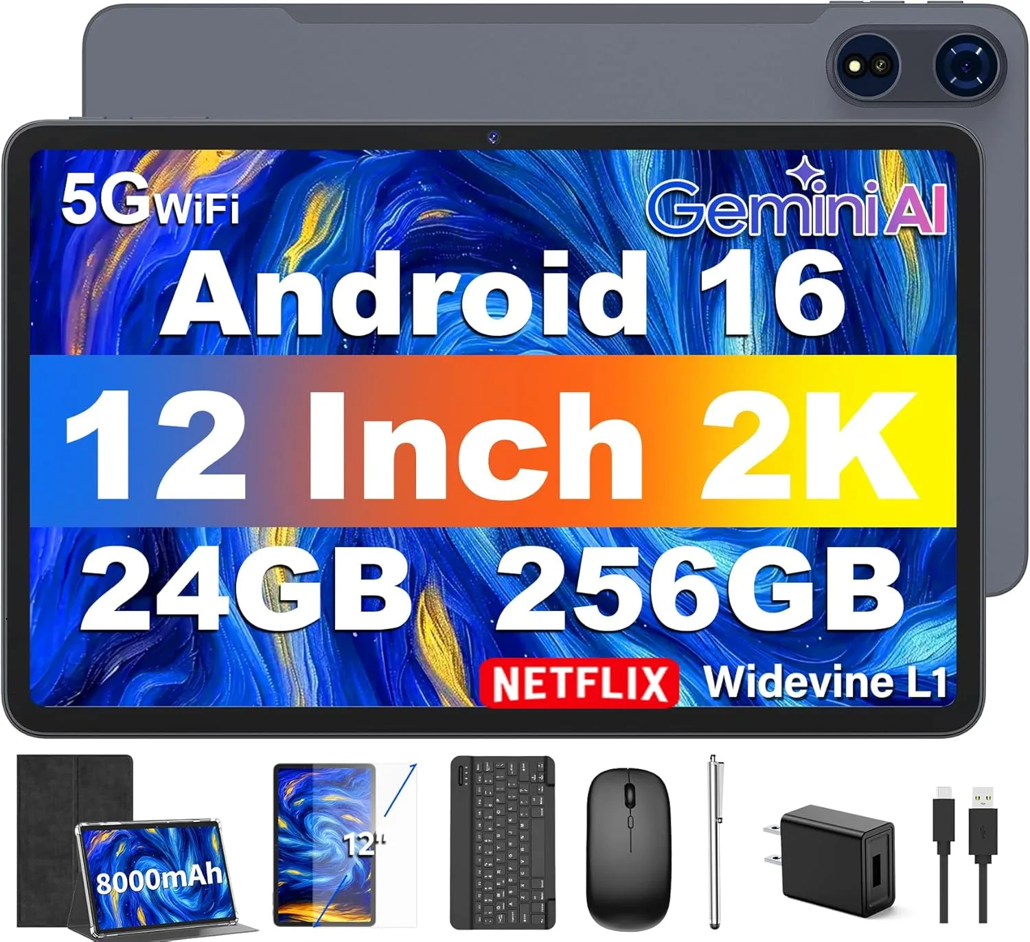 12 Inch Tablet with Keyboard, 2026 Android 16 Tablet with Gemini AI(Black)