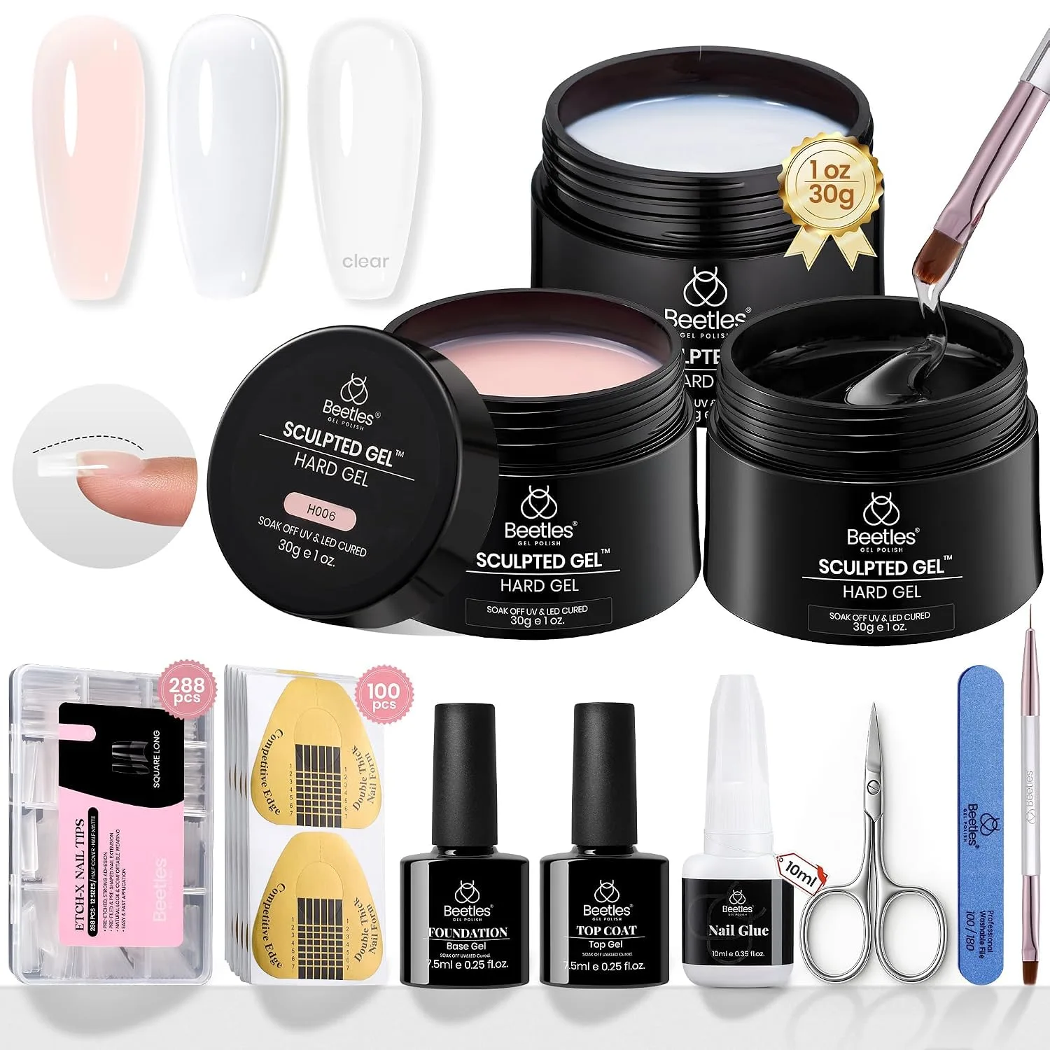 Beetles Hard Gel for Nails Kit,3 Colors Clear Nude Jelly White Sculpted Gel