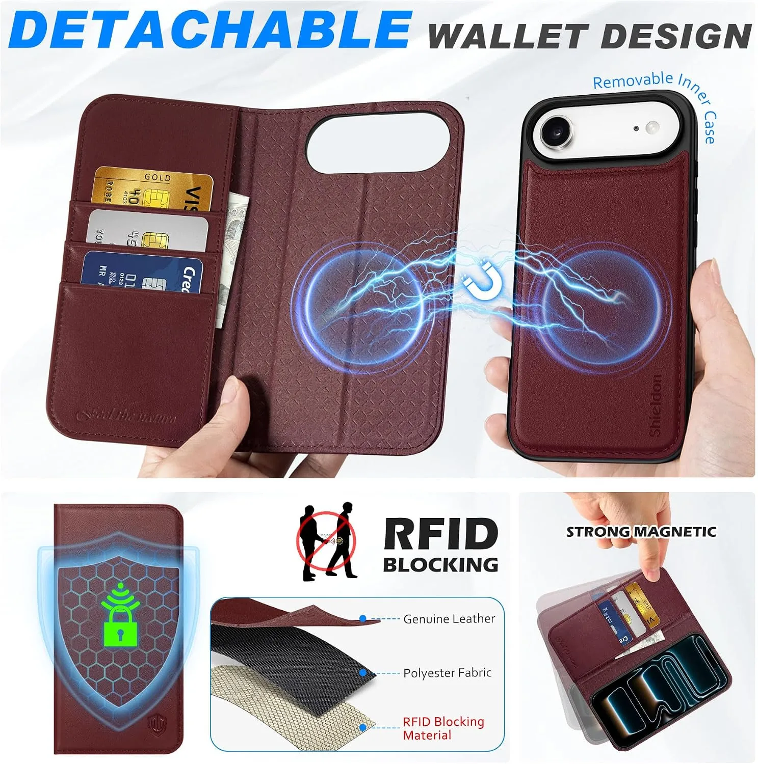 SHIELDON Detachable Leather Wallet Case for iPhone Air 6.5" 2025, Burgundy