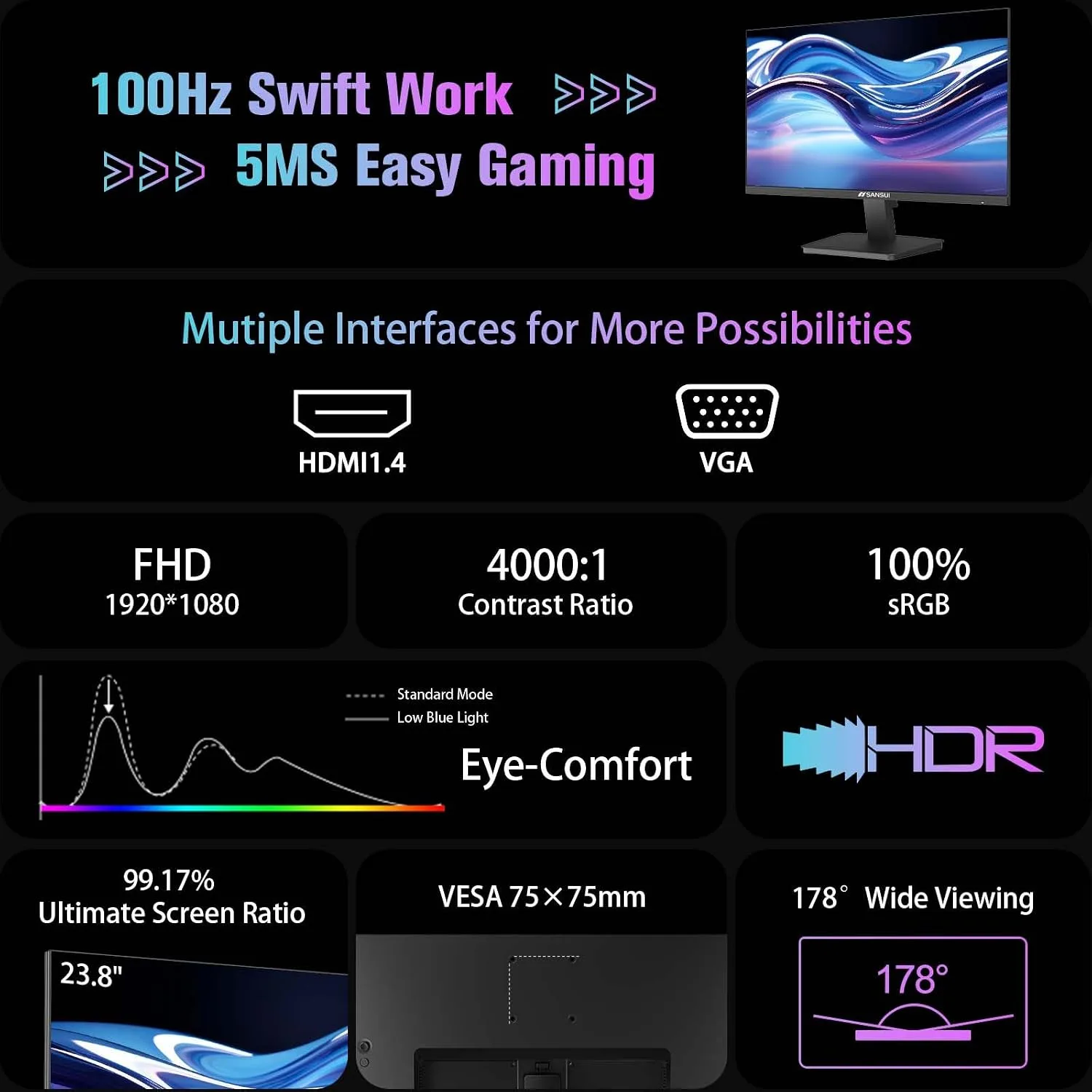 SANSUI Monitor 24 inch 100Hz Computer Monitor丨FHD 1080P PC Monitor丨HDMI丨FreeSync丨HDR丨Earphone Jack丨 Ergonomic Tilt for Home and Office