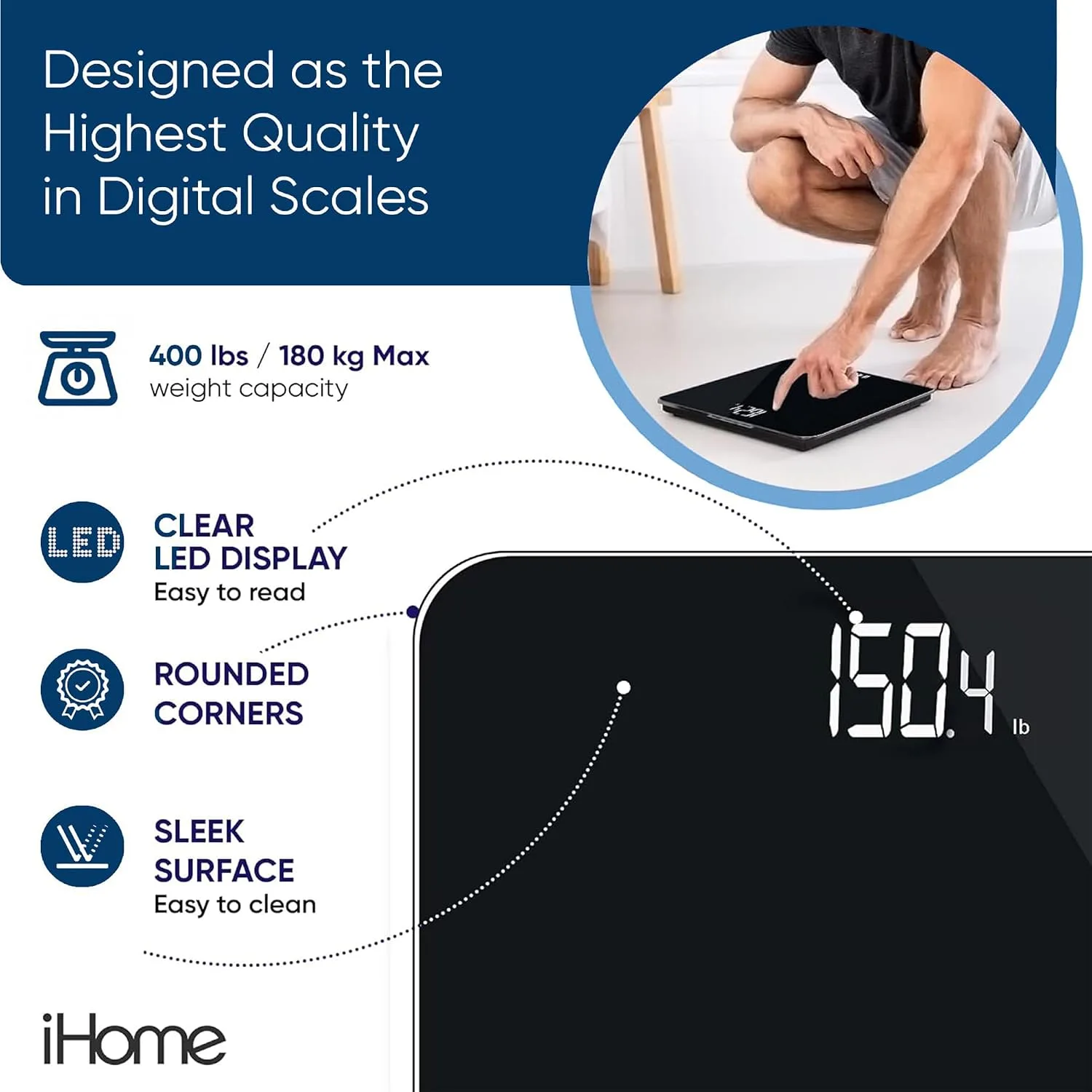 iHome Digital Scale, Bathroom Scale, Batteries Included, Scale Body Weight, Weight Scale, Bathroom Scales for Weight, Digital Scales for Body Weight (Black)