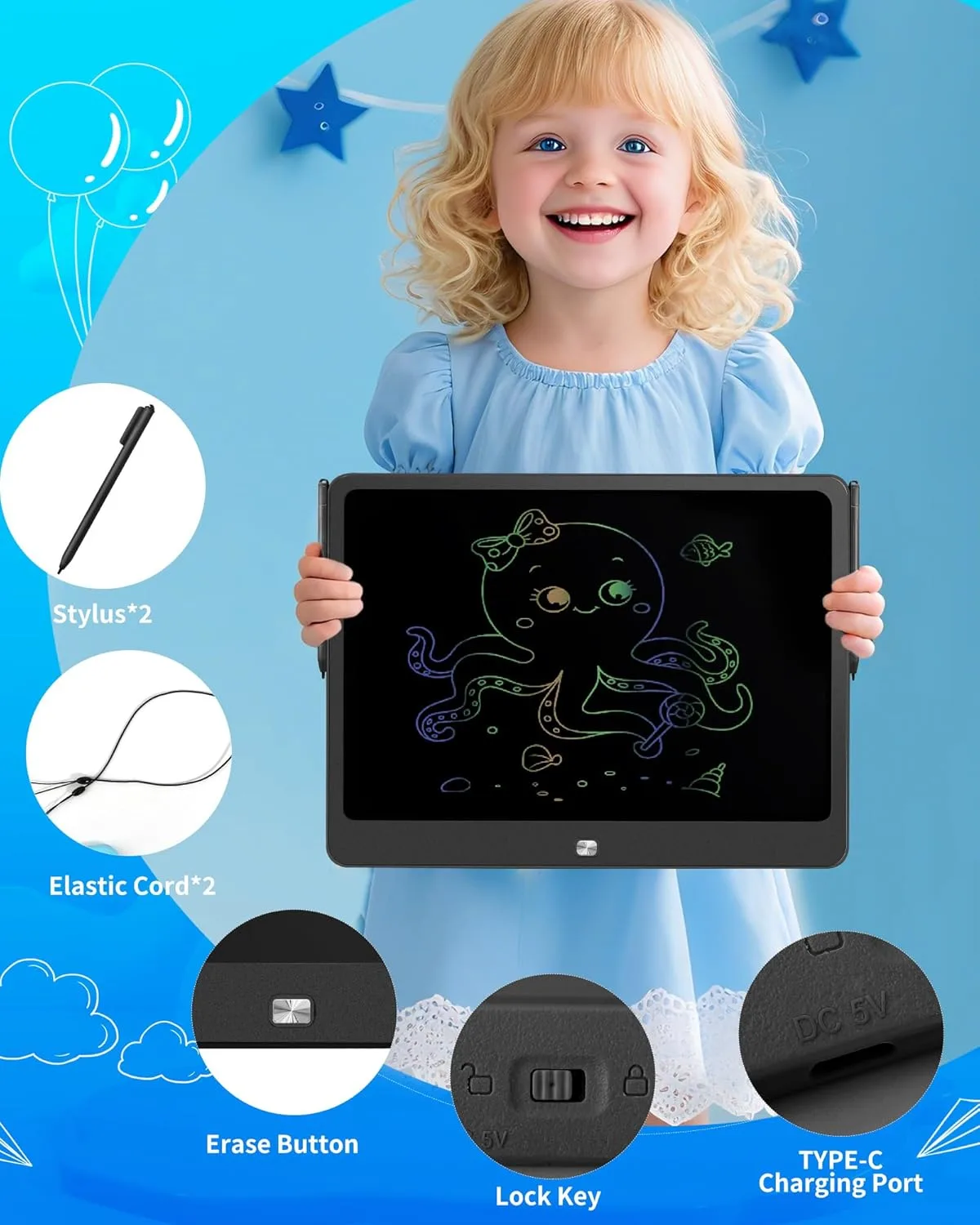 Rechargeable LCD Writing Tablet for Kids, 16 Inch Colorful Drawing Tablet, Educational Toddler Drawing Pad, ​Reusable Learning Toys for Kids (Ages 3-12), Ideal Gift for Christmas Birthday (Black)