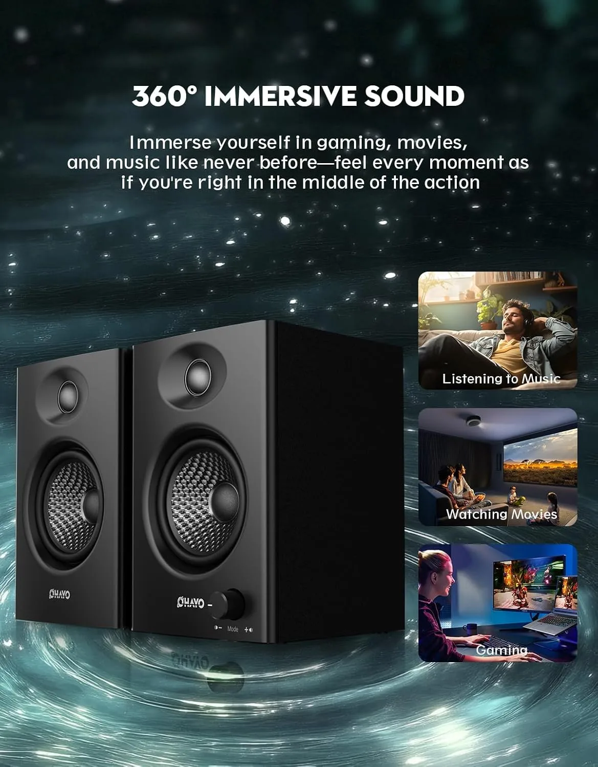 OHAYO 60W Computer Speakers, Bluetooth 5.3, Stereo 2.0, 1 Pair, Black
