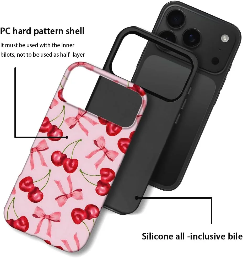Case Compatible with iPhone 18 Pro Max/iPhone 17 Pro Max,Fall Prevention Hybrid 2-Layer Hard Shell Phone Cover for Girls Boys,Pink Bow Cherry Ribbon Fruit