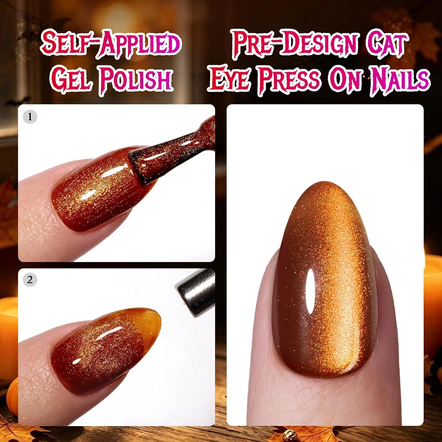 Beetles Halloween Press On Nails Short Almond, 32PCS, Cat Eye Pumpkin Spice