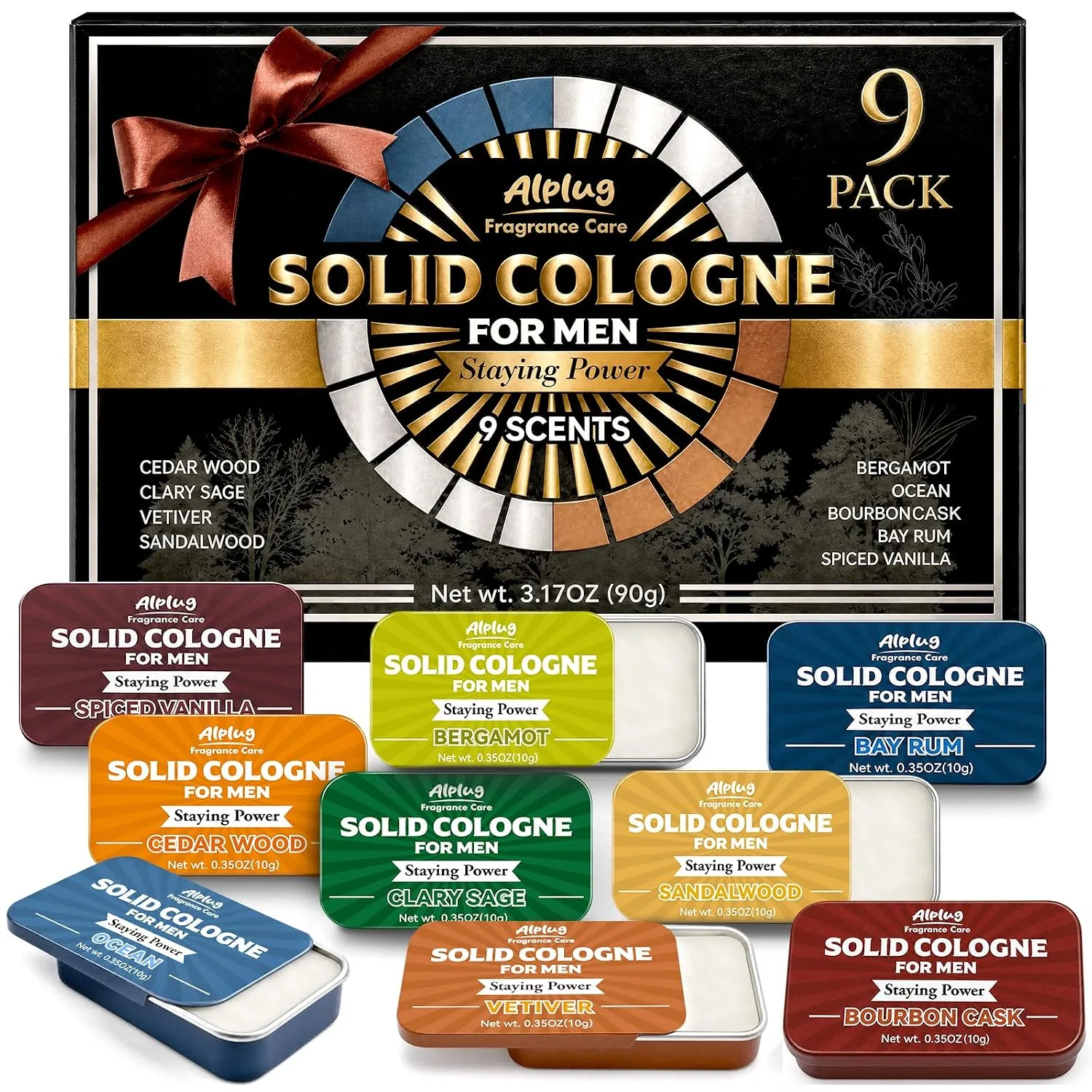 9 Pack Solid Cologne Gifts for Men, Mens Gift Cologne with Cedar Wood, Clary Sage, Vetiver, Sandalwood, Bergamot, Ocean, Bourbon Cask, Bay Rum, Spiced Vanilla Perfume, Mens Stocking Stuffers 2026