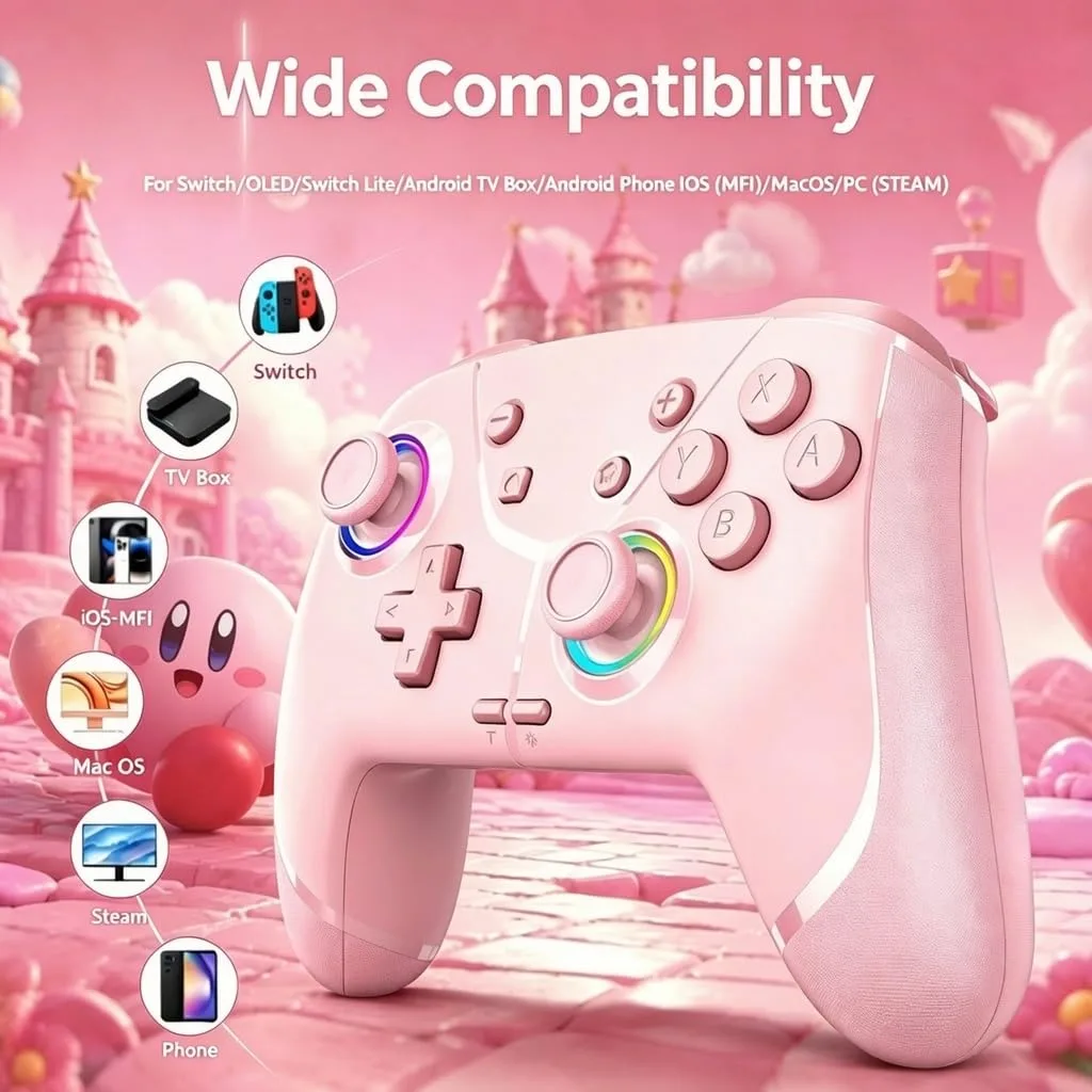 Switch Controller, Wireless Pro Controller for Nintendo Switch 2/Switch/Lite/OLED, Bluetooth controllers Compatible with iPhone/Mac/iPad/iOS/Android/Phone/PC/Steam and TV with Programming/RGB4/Vibration / 3 Turbo Modes/6-Axis/Motion (Pink)
