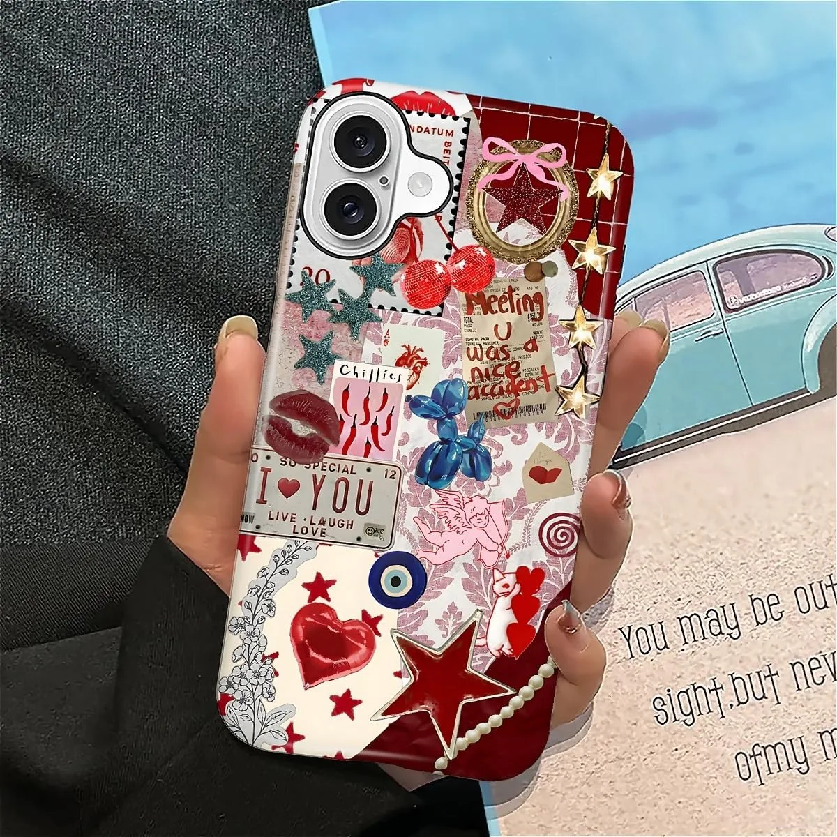 DAIZAG Case for iPhone 16,Mixed 2 Layer Design Shockproof Soft TPU Ddouble Protection Phone Case for iPhone 16-Conch Red Pearl Collage