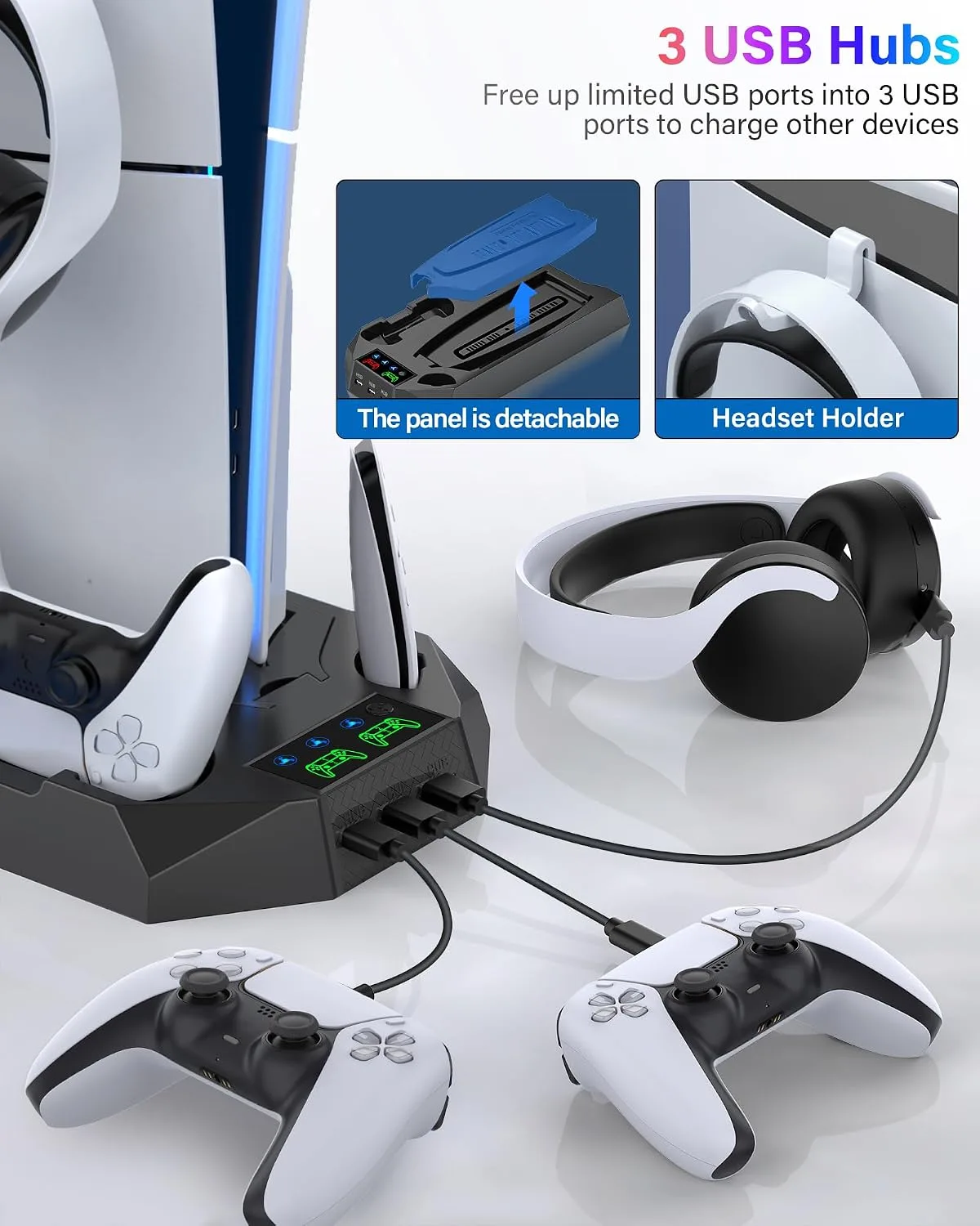 PS5/PS5 Slim/PS5 Pro Stand and Cooling Station with Dual Controller Charging Station for PlayStation 5 Console, PS5 Accessories Incl. Controller Charger, Cooling Fan, Headset Holder, 3 USB Hub, Black