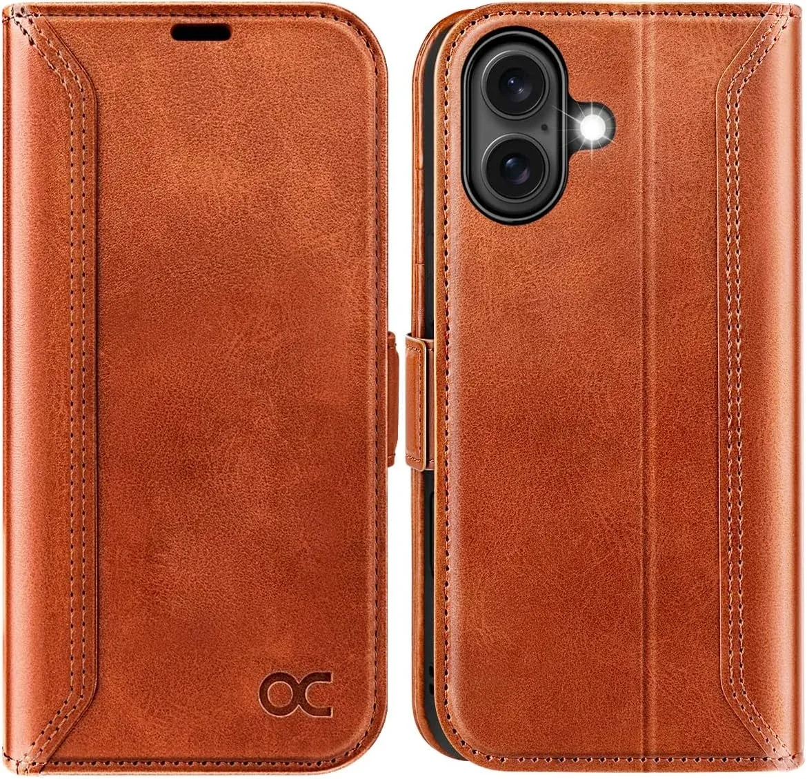 OCASE for iPhone 16 Wallet Case, Card Holder, Retro Brown