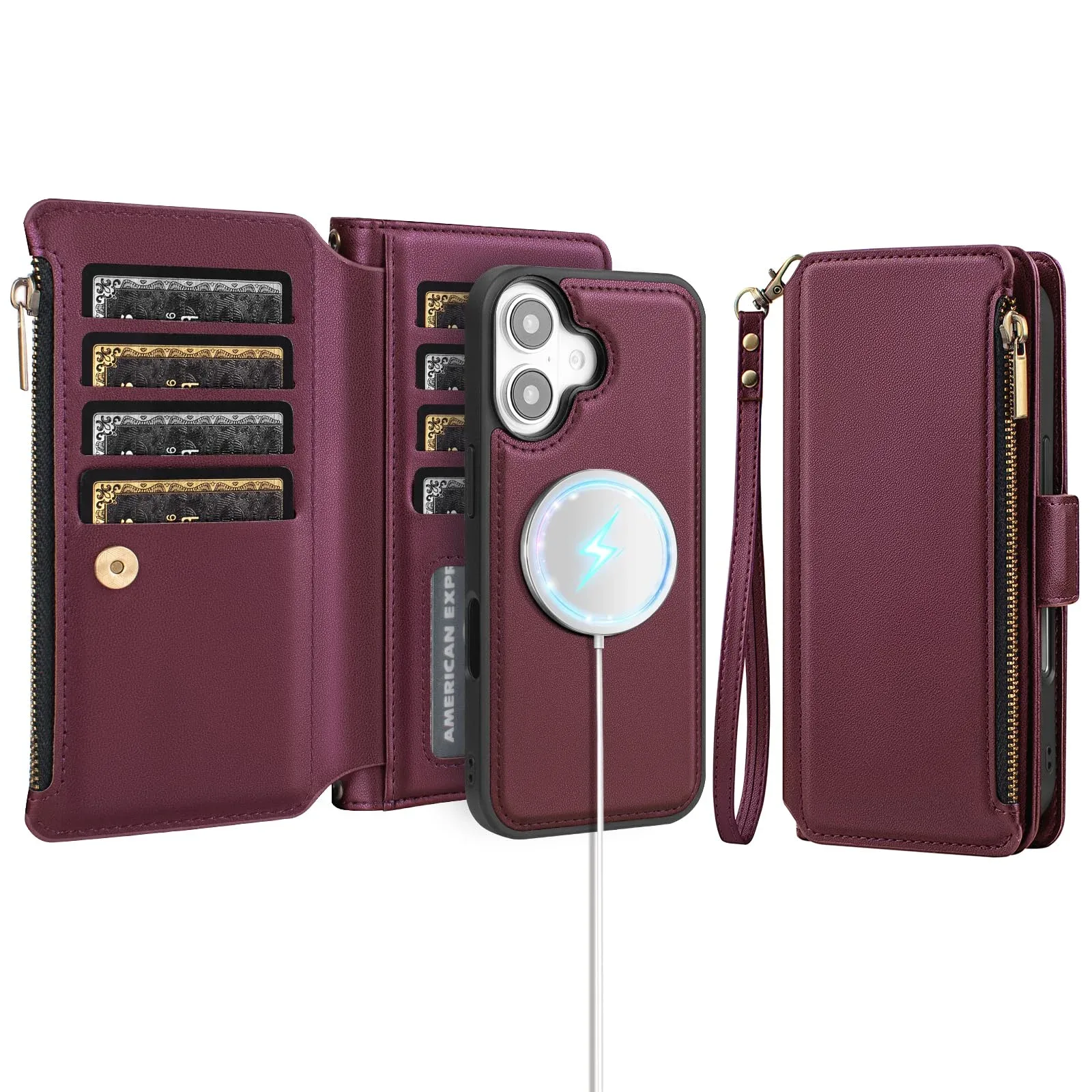Funda Antsturdy MagSafe para iPhone 16 con Billetera Desprendible Rojo Vino