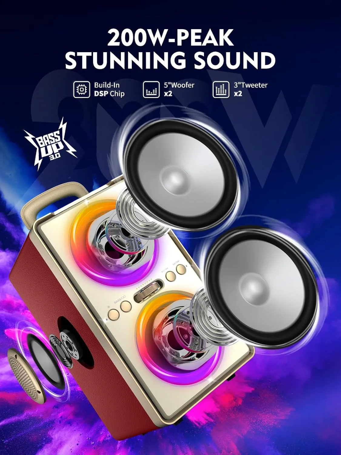 YIER Bluetooth Speaker, 240W Peak Loud Party Speakers with Deep Bass, Red