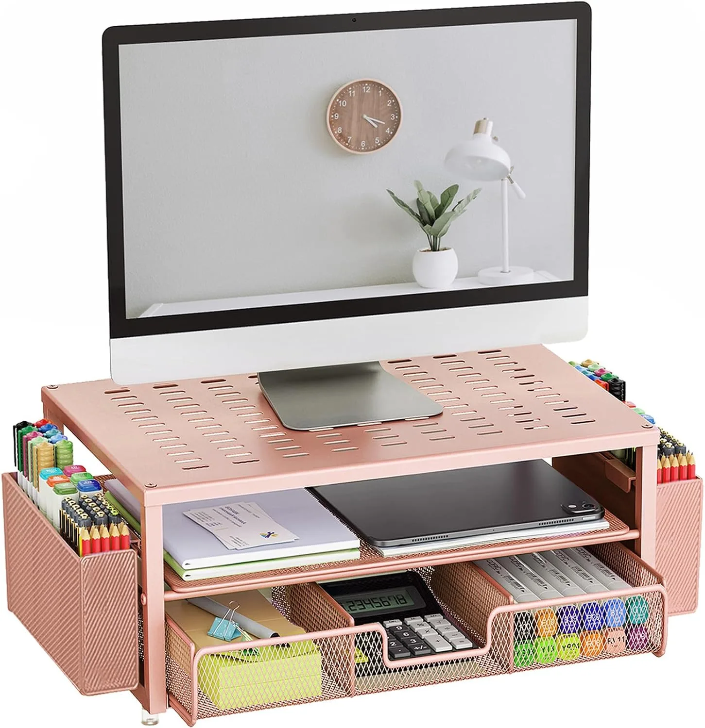gianotter Desk Organizers and Accessories, Monitor Stand with Drawer and 2 Pen Holder, Desktop Organizer Suitable for Offices and Dormitories (Rose Gold)