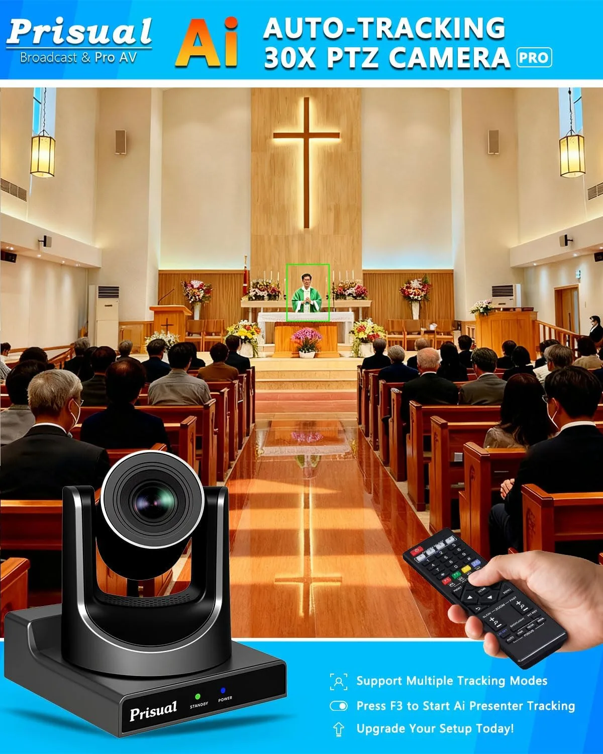 Prisual PTZ Camera System Gen 5, 30X Optical Zoom, Advanced AI Auto Tracking, PoE HDMI SDI Bundle PTZ for Church Worship,NDI PTZ Controller, (PTZ Bundle TEM-30S PROx2+PRO AI Joy)