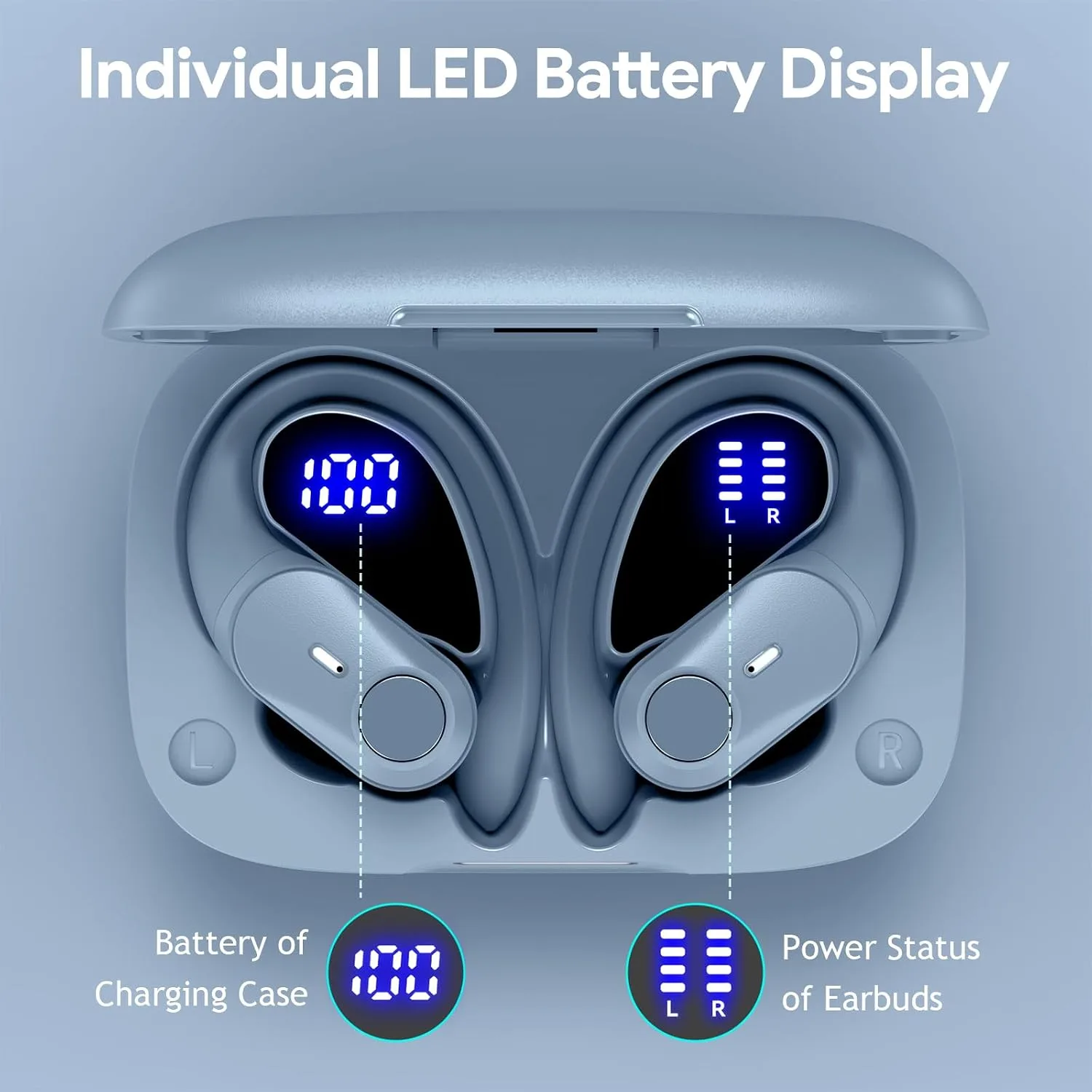 Active Noise Cancelling Ear Buds Wireless Bluetooth Headphones 80H Playtime Display Charging Case 50dB ANC Over Earhooks Earbuds with Hi-Res Sound Clear Calls for Sport Running Gym Workout Sierra Blue