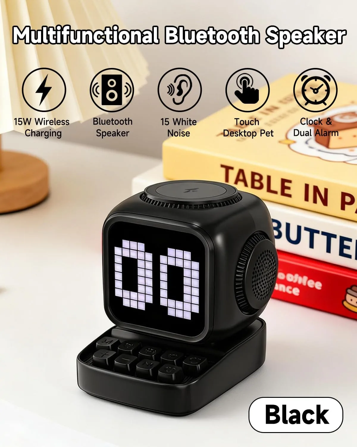 Retro Robot 5-in-1 Bluetooth Speaker: 15W Wireless Charger, Pixel LED Screen, 10W Stereo Sound & 15 White Noise, Alarm Clock, Cute Portable Wireless Speaker for Bedroom Desk Office, Birthday Gifts
