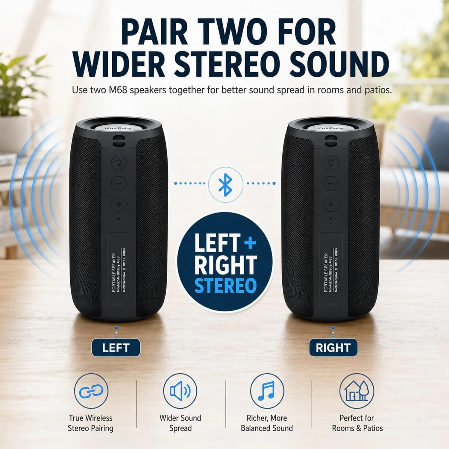 Musibaby M68 Bluetooth Speaker, Portable 12W Small Speaker, Black