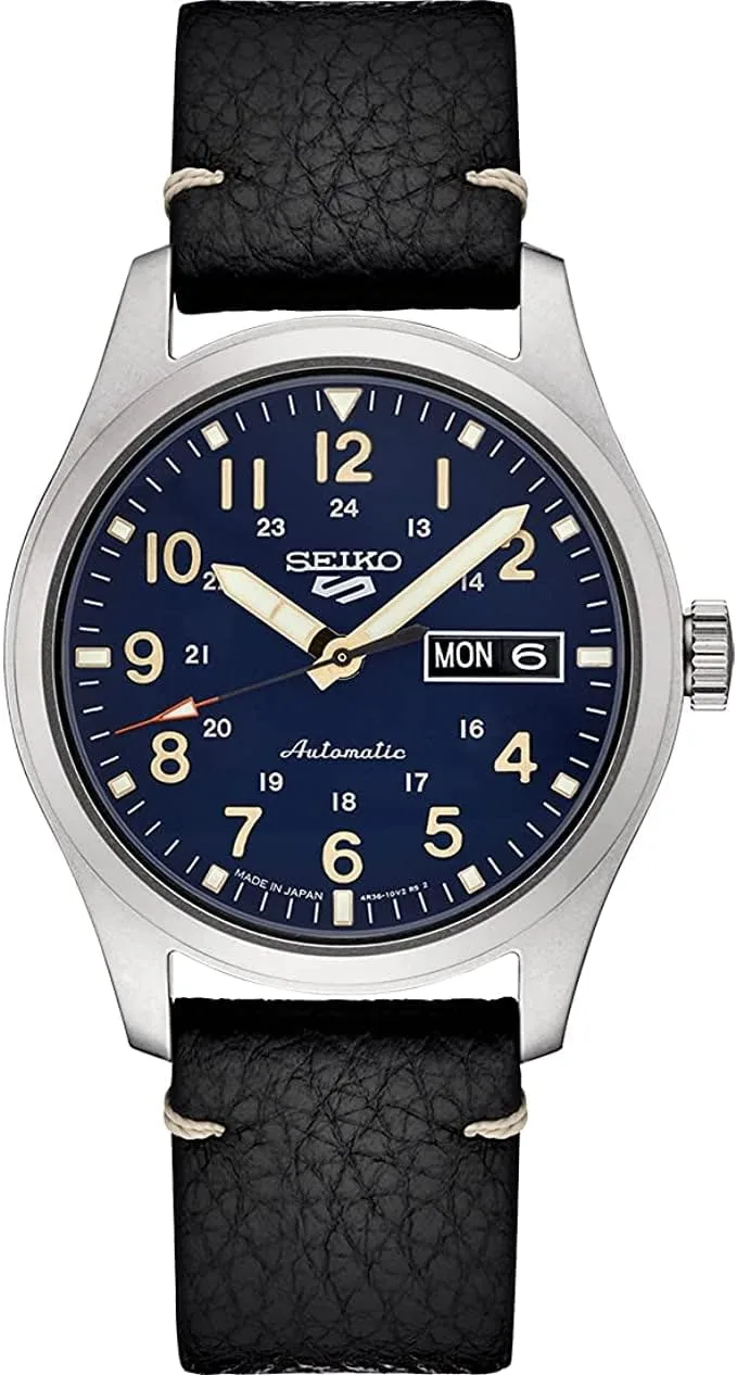 SEIKO SRPG39 Watch for Men - 5 Sports - Automatic with Manual Winding Movement, Blue Dial, Stainless Steel Case, Black Leather Strap, 100m Water Resistant, and Day/Date Display